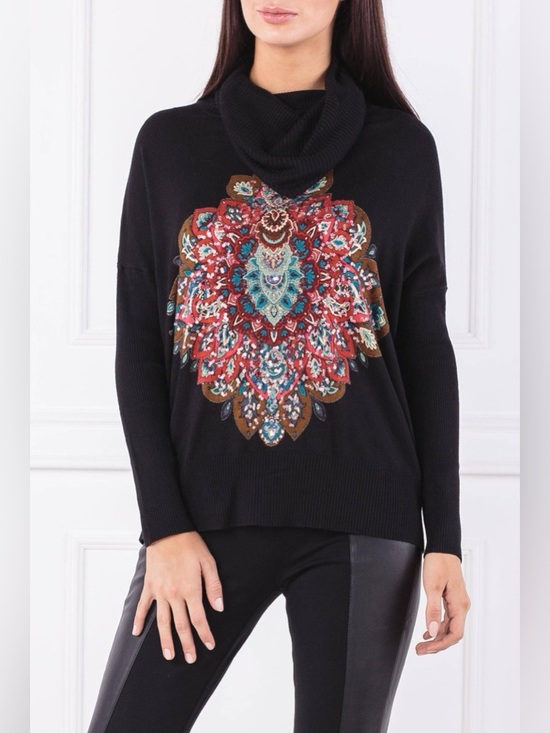 Desigual Sweaters - Desigual Cassandra Cowl Neck Sweater with Multicolor Sequins Medallion Print